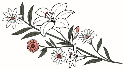 Elegant white lily and daisy floral line art illustration. Simple bouquet drawing with pink flowers for spring, summer, wedding design.