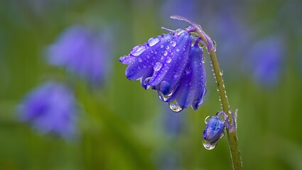 Closeup of a bluebell flower with water drops on it in a garden
