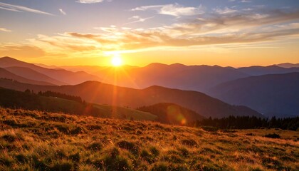 Mountain sunset over golden meadow