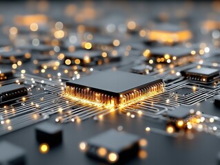 High-tech circuit board with glowing components and intricate connections.