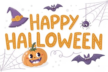 Happy halloween greeting card with pumpkin, spider, bats isolated on white background