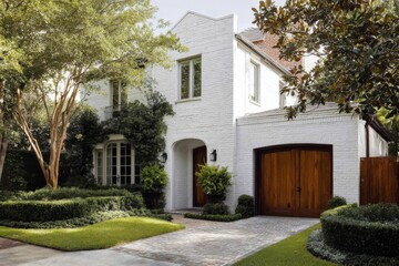 Naklejka premium Classic white brick house surrounded by greenery with lush landscaping and a wooden garage door in an upscale neighborhood during the daytime