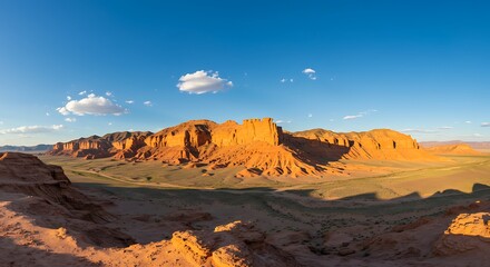 Fototapeta premium Scenic panoramic view of the flaming cliffs in the gobi desert, mongolia under a clear blue sky with scattered clouds.