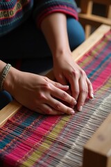 Artisan Hand Weaving Vibrant Multicolored Fabric – Traditional Textile Craftwork Close-Up