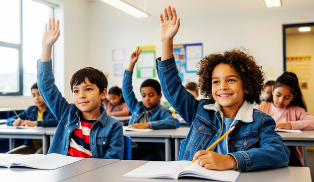 Diverse Elementary Students Participating in Class Discussion - Powered by Adobe