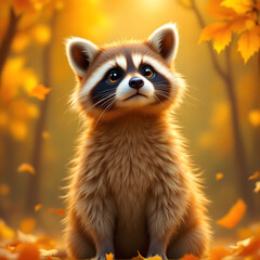 Obraz premium Adorable Baby Raccoon Sitting in Autumn Forest Surrounded by Golden Leaves