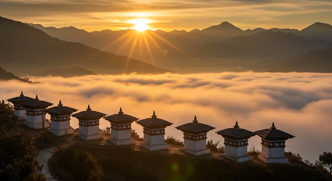 The sunrise through fog at the Dochula Pass Tibetan Buddhist Stupas Chorten in the Himalayas of Bhutan