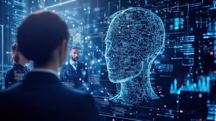 People viewing a digital head with data analytics in a futuristic technology environment interface screen