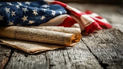 Declaration of Independence and American Flag on Rustic Wood Surface Symbolizing Patriotism and Freedom