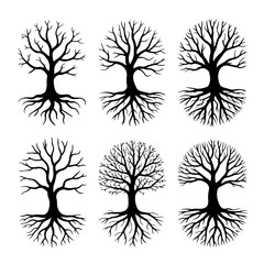 Six Black Silhouette Trees With Visible Root Systems On White Background roots nature