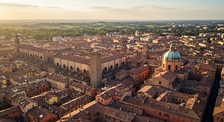 Naklejka premium Aerial view of Bologna's historic architecture with terracotta rooftops and lush hills in the background.