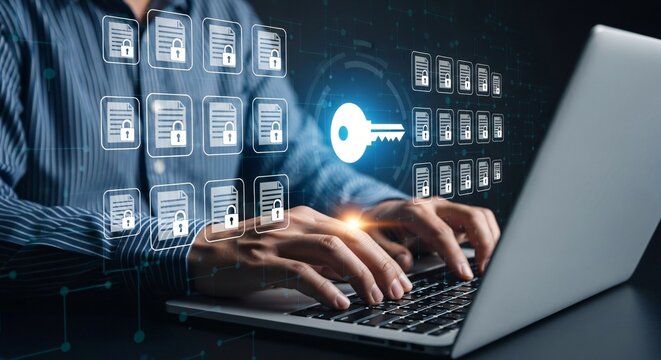 Secure document access with data encryption protecting sensitive files using modern technology, safeguarding information with key authorization access