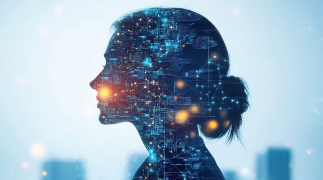 Silhouette of a woman with digital circuitry overlay against a blurred cityscape background art concept