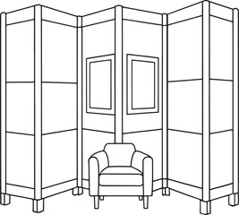 Armchair nook with folding screen illustration perfect for creating a private reading or relaxation corner