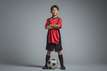 Young boy in red and black soccer uniform stands confidently with arms crossed, smiling, with football at his feet, on plain studio background, expressing determination and joy