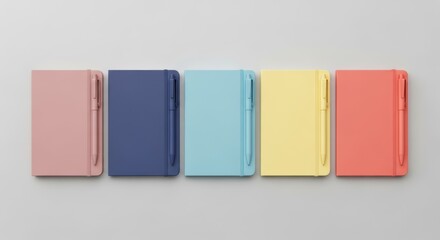 Naklejka premium Colorful Notebook Set with Matching Pens on Minimal Gray Background – Pastel and Vibrant Colors