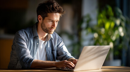 Middle-aged man working on a laptop at home with soft sunlight