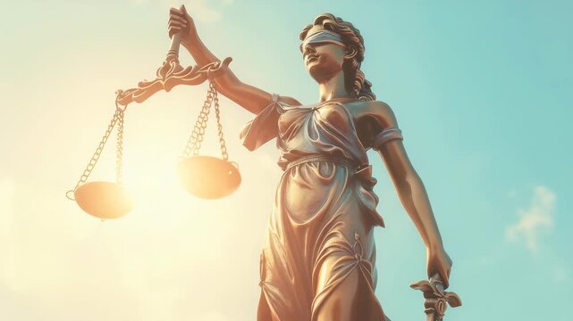 A low-angle shot capturing imposing Statue Justice against blue sky, figure embodies legal principles with scales, sword. The sunny backdrop enhances symbolic representation
