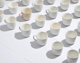 Ceramic cups placed on wooden floor