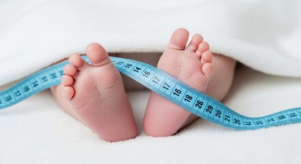 Adorable baby feet being measured with a blue tape measure on a soft white blanket, perfect for newborn announcements or baby product ads
