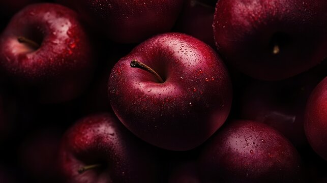 Close-up dark red apples, wet.  Food photography, use for health, diet, or cooking