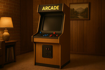 Vintage wooden arcade game machine with blank screen in retro style room, classic video gaming nostalgia, coin operated entertainment cabinet, old school joystick controls and home recreation interior