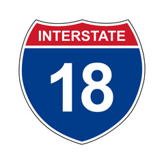Interstate 18. Interstate highway sign. Road number. Signpost indicating route numbers in the U.S. Interstate Highway System. Even numbers run west to east. Odd numbers run north to south.