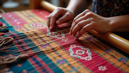 Artisan Hand Weaving Vibrant Multicolored Fabric – Traditional Textile Craftwork Close-Up