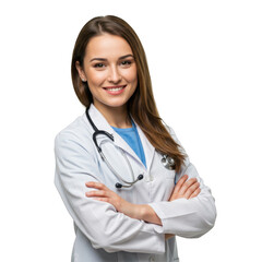 Smiling female medical professional wearing a white lab coat and stethoscope with arms crossed isolated on transparent background