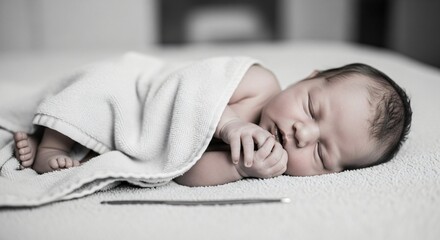 Precious newborn baby peacefully sleeping wrapped in soft towel, capturing innocence and serenity of early infancy moments