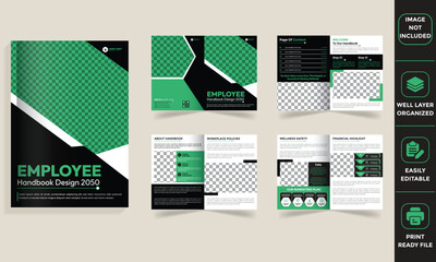 Professional green and black 8-page corporate employee handbook brochure template, featuring workplace policies, safety guidelines, and editable business content layout.
