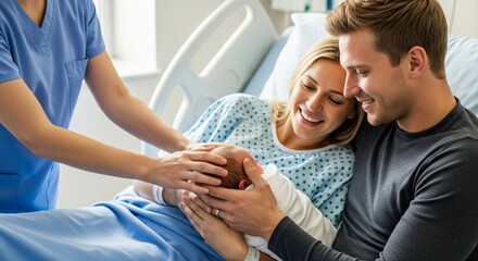 Joyful new parents admiring newborn baby in hospital with nurse attending after childbirth delivering hope and love for family bonding