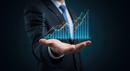 Businessman holding a financial growth chart in his palm Keywords: business, finance, growth