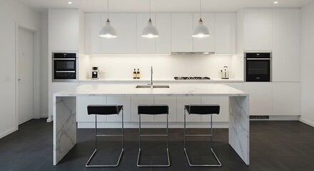 Scenic modern kitchen interior with a minimalist design, featuring a sleek countertop, bar stools, and under-cabinet lighting