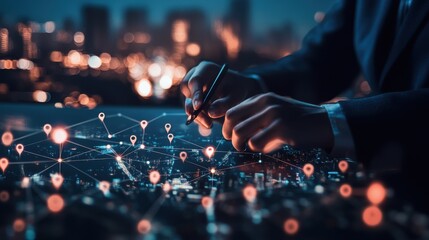 Closeup of hands interacting with a digital interface displaying a network of location pins over a blurred cityscape at night