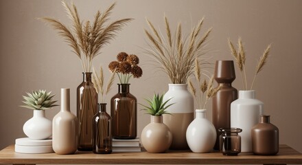 Collection of decorative vases with dried plants pampas grass