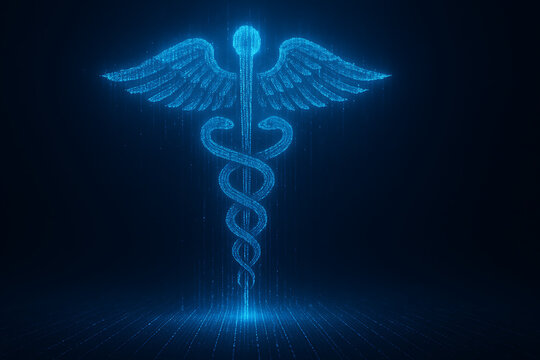 Futuristic glowing blue caduceus medical symbol with digital wireframe design, healthcare technology innovation, medicine and pharmacy emblem, modern hospital network and advanced health data concept 