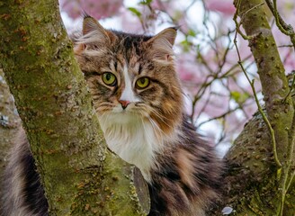 Alvin, the Siberian Cat, Among Blossoming Branches