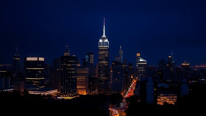 Nighttime city skyline with glowing windows and streetlights, capturing urban vibrancy.