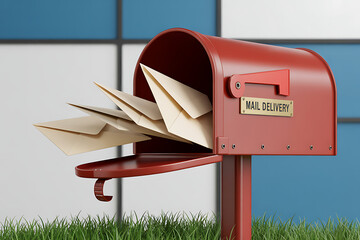 Bright red mailbox overflowing with cream envelopes, ready for essential mail delivery service, conveying communication and connection.