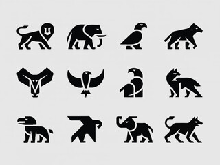 Twelve stylized black animal icons on a light gray background