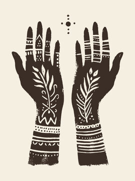 Decorated hands henna tribal brown on beige vector illustration