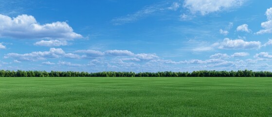 The expansive green field under a bright blue sky with fluffy clouds.