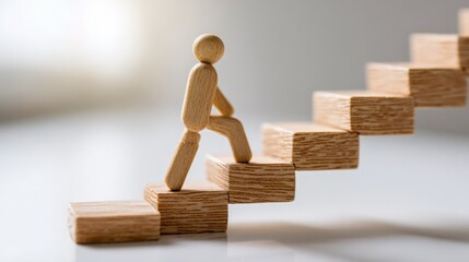 Wooden Figure Climbing Staircase Steps Depicting Business Growth, Career Advancement and Personal Development Concept