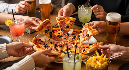 Friends gathering around a wooden table, sharing a hot pizza and enjoying various drinks. A close-up of hands taking slices during a social meal.