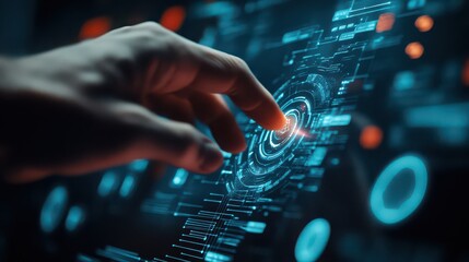 A person's finger interacting with a futuristic blue interface with glowing red and blue lights