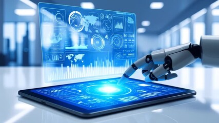 Futuristic robotic arm interacting with holographic interface on tablet for data analysis - Powered by Adobe