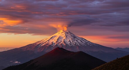 Fototapeta premium A breathtaking view of Popocatepetl volcano with snow-capped peak and dramatic sunset clouds in Mexico - scenic perspective