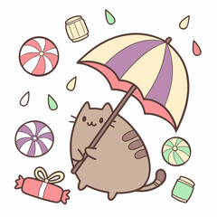 Relaxed expression on a Cat in a Birthday theme, with under an umbrella – Candy Shop vector art