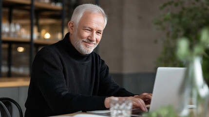 Obraz premium Senior man smiling at laptop in warm, softly lit setting